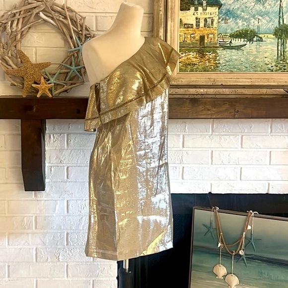 NWT Rachel Zoe,(MSRP $395),SILK Gold Lam’e Blended One-Shoulder Dress, Cocktail - Picture 2 of 16